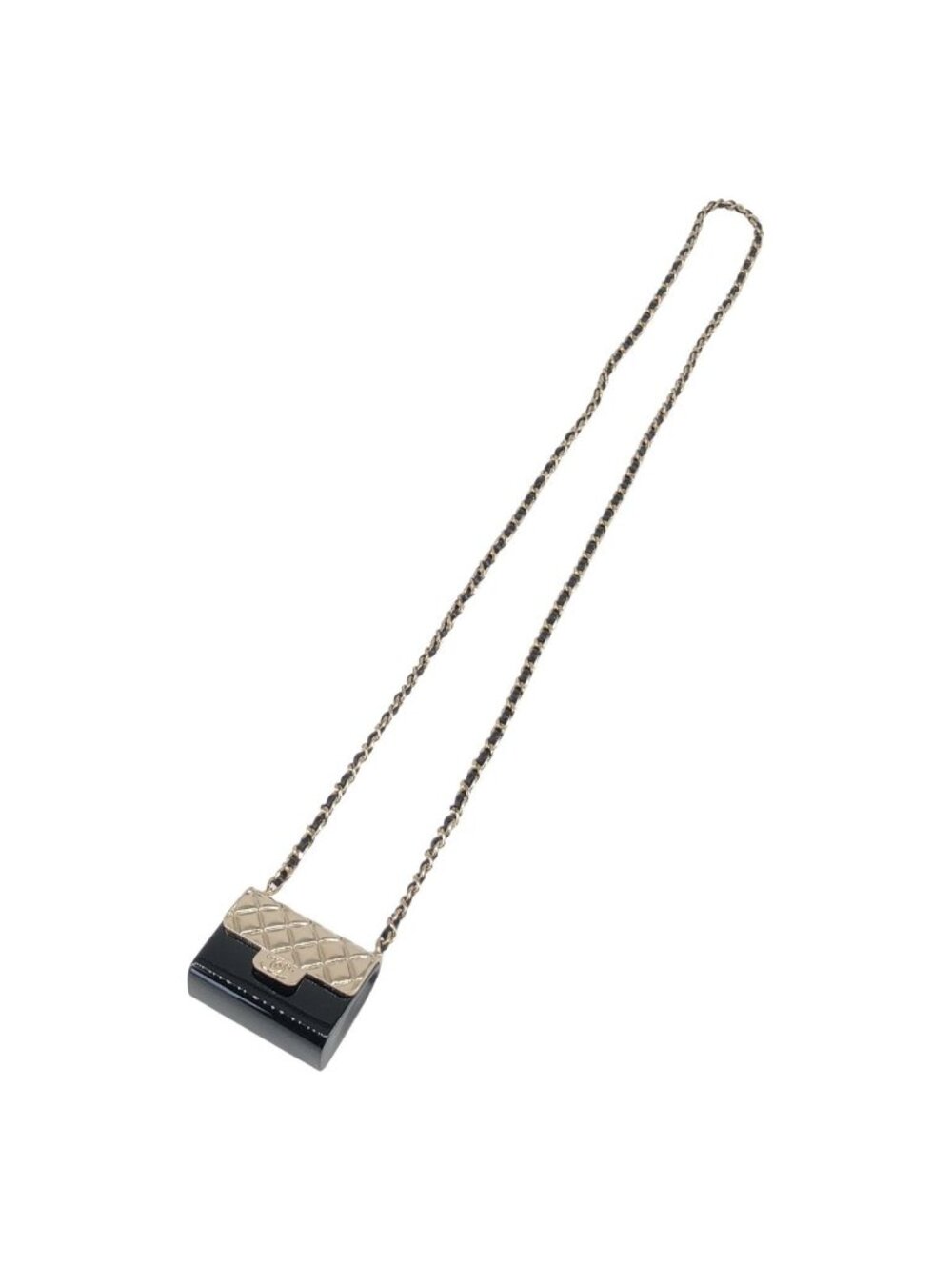 Chanel CC Logo Quilted Bag Necklace Black Silver